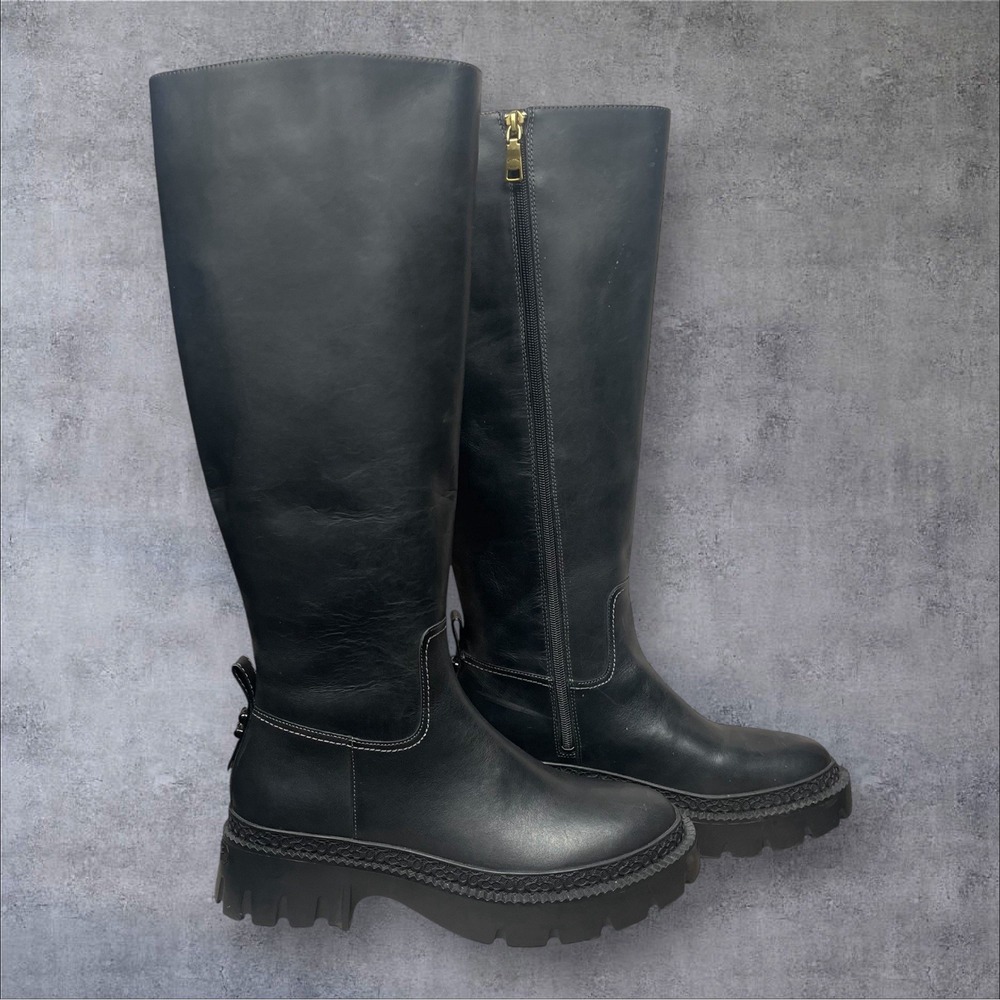 Coach Julietta Tall Black Leather Chunky Platform Boots Womens 8.5 Equestrian